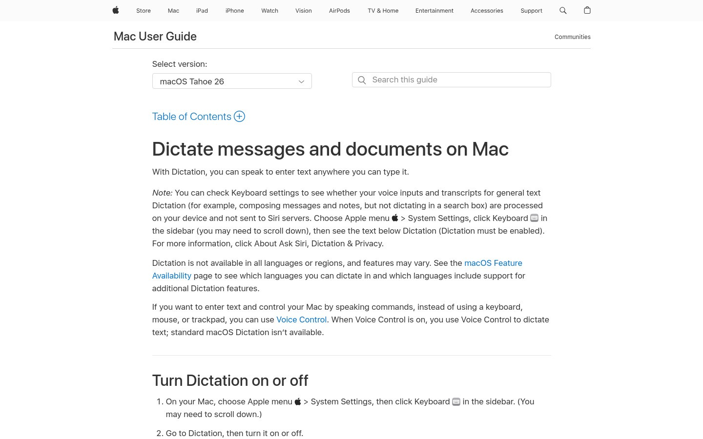 Apple macOS Dictation support page