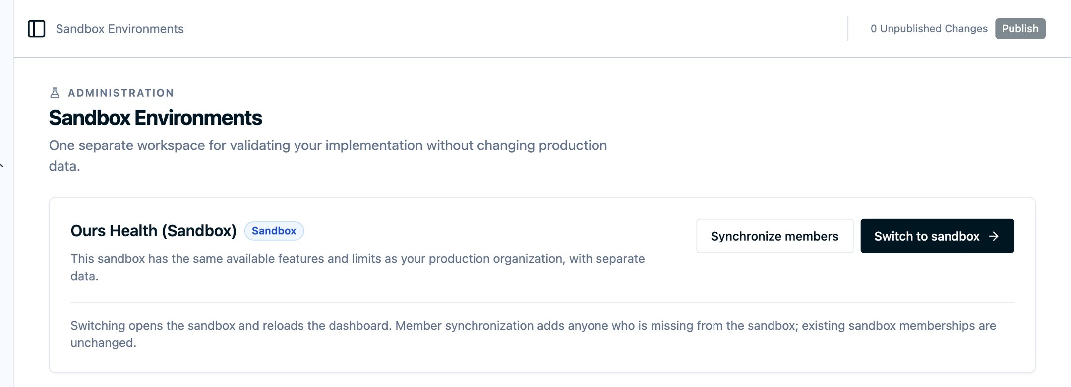 The production Sandbox Environments page showing the sandbox card with Synchronize members and Switch to sandbox