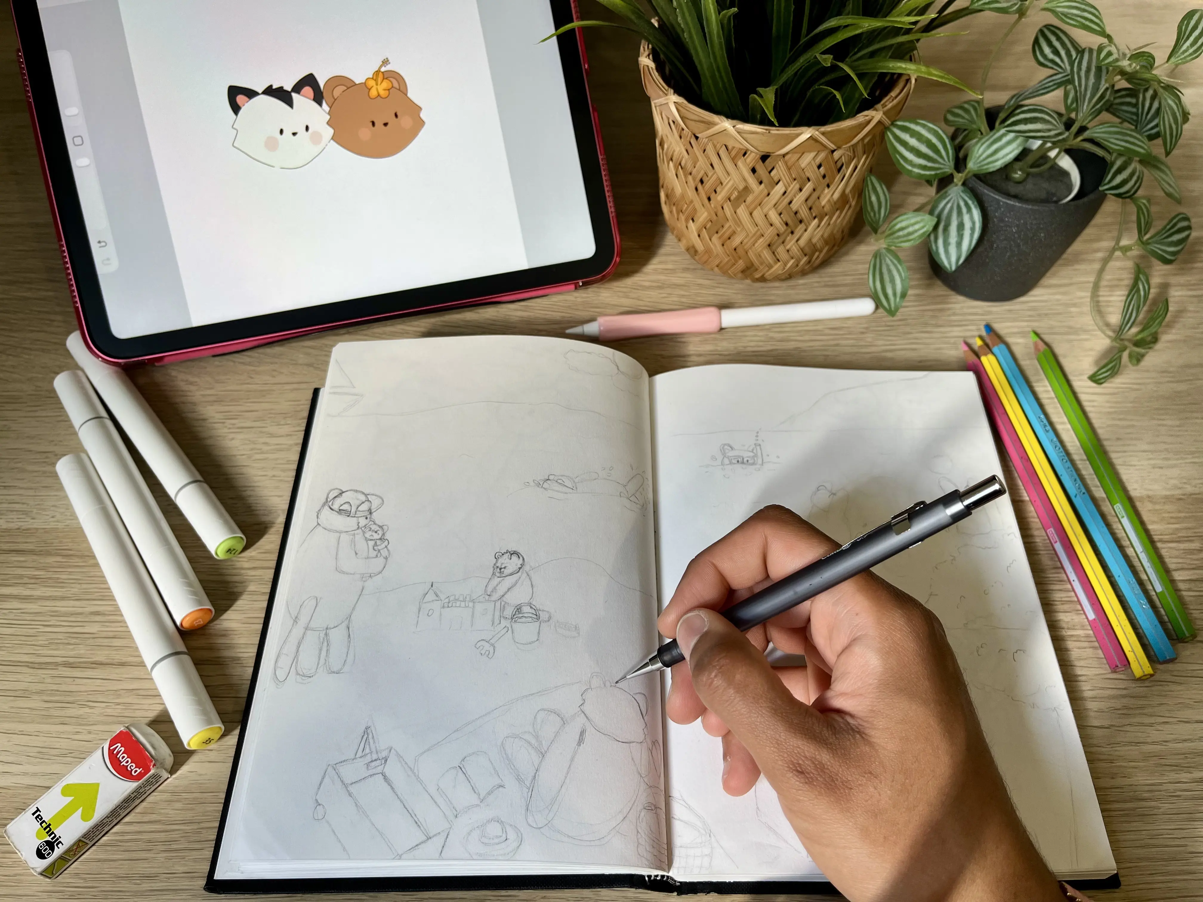 hand drawn illustration on a sketchbook - cozy tropics