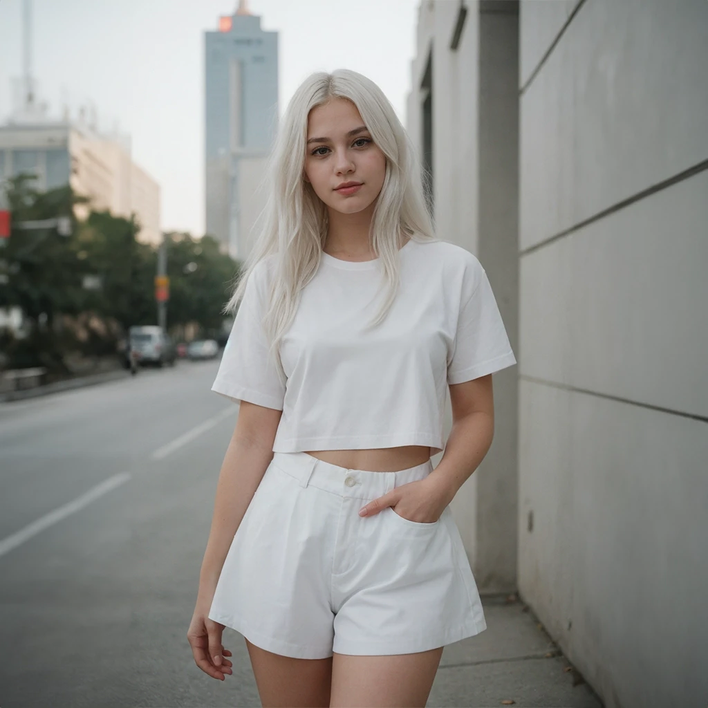 a woman with blonde hair wearing white shorts and a crop top standing on a sidewalk in front of a building. AI Fashion Model. Modiqlo