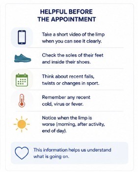 Five things that help before a paediatric appointment for a limping child, including taking a short video and checking the soles of the feet