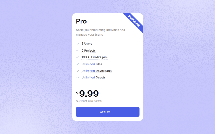Glorify Pro Monthly Pricing plan
