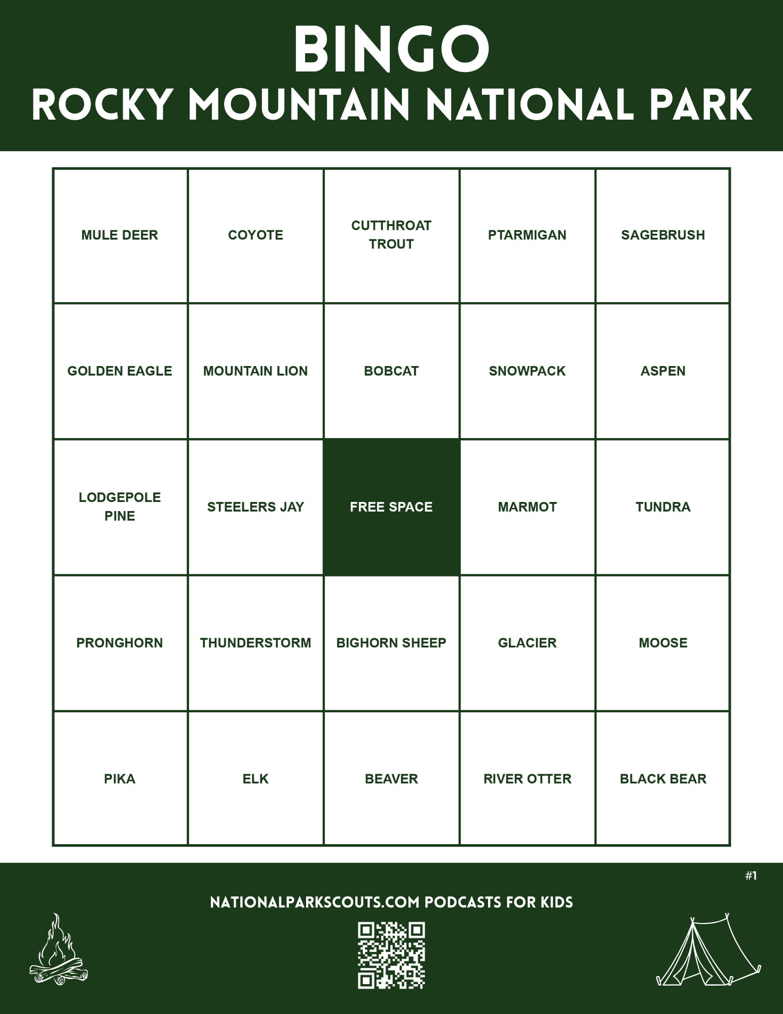 Rocky Mountain National Park Bingo Sheet