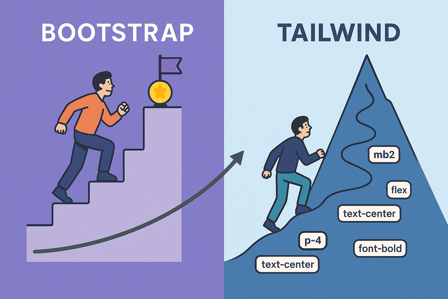 A split illustration comparing the learning curves of Bootstrap and Tailwind. The Bootstrap side shows a person easily climbing wide steps toward a small flag, representing fast early progress. The Tailwind side depicts a steeper, winding path with valid utility classes like text-center, p-4, flex, and font-bold, symbolizing a more challenging but ultimately higher learning journey.