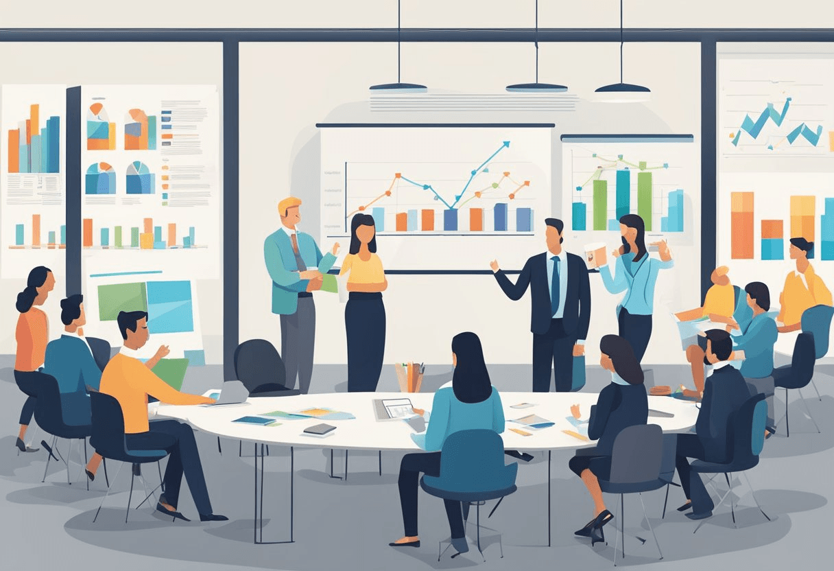 A group of mid-level managers gathered around a table, engaged in a strategic discussion. Charts and graphs are displayed on the wall, highlighting key HR initiatives