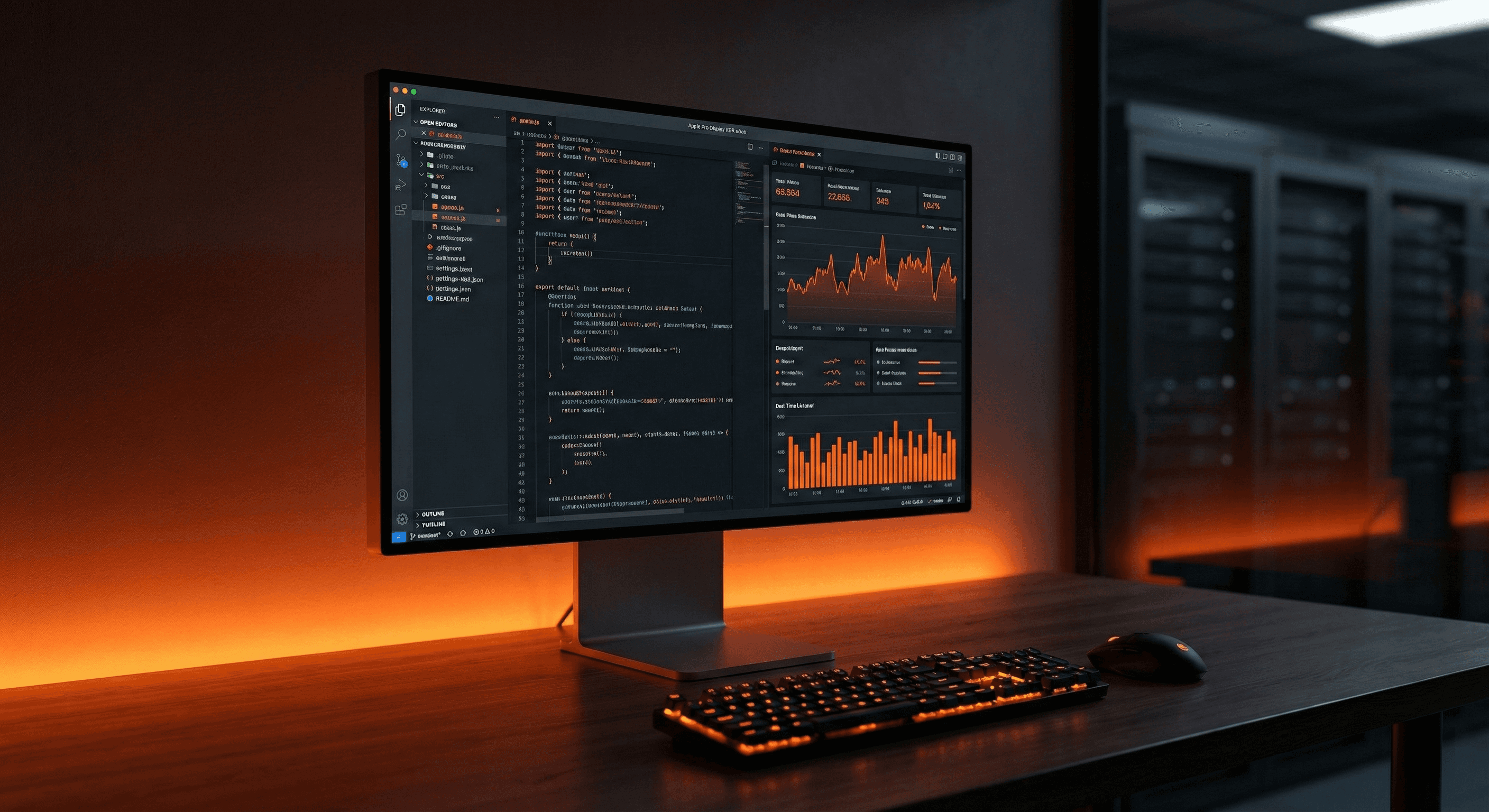 Computer monitor displaying code and data analytics, with keyboard and mouse on desk.