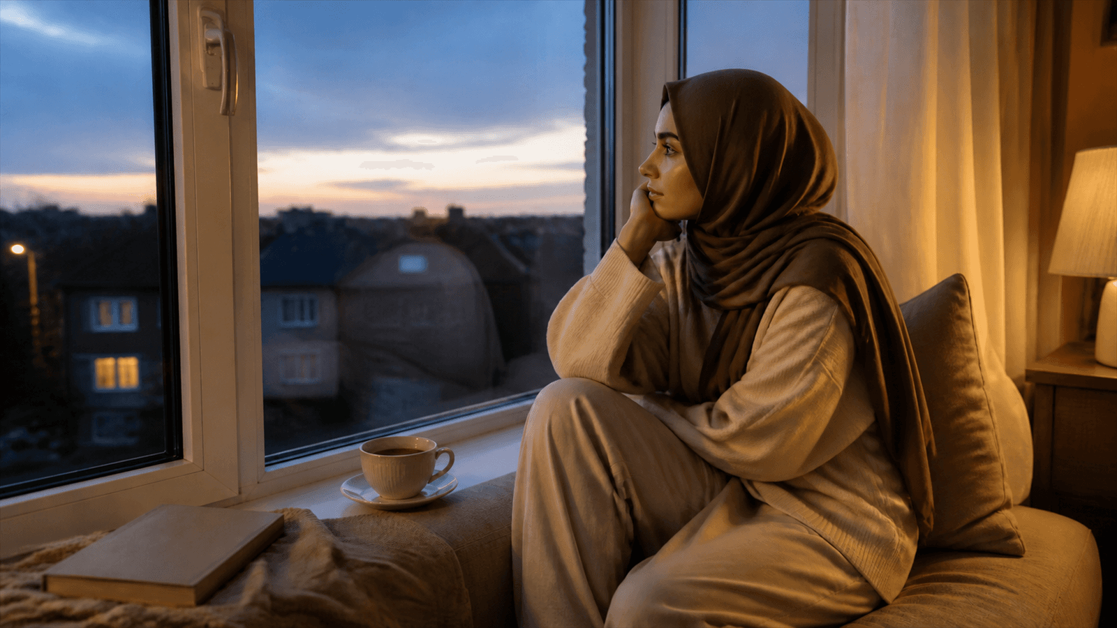 A Muslim woman sits with tea by a softly lit window while winding down for sleep.