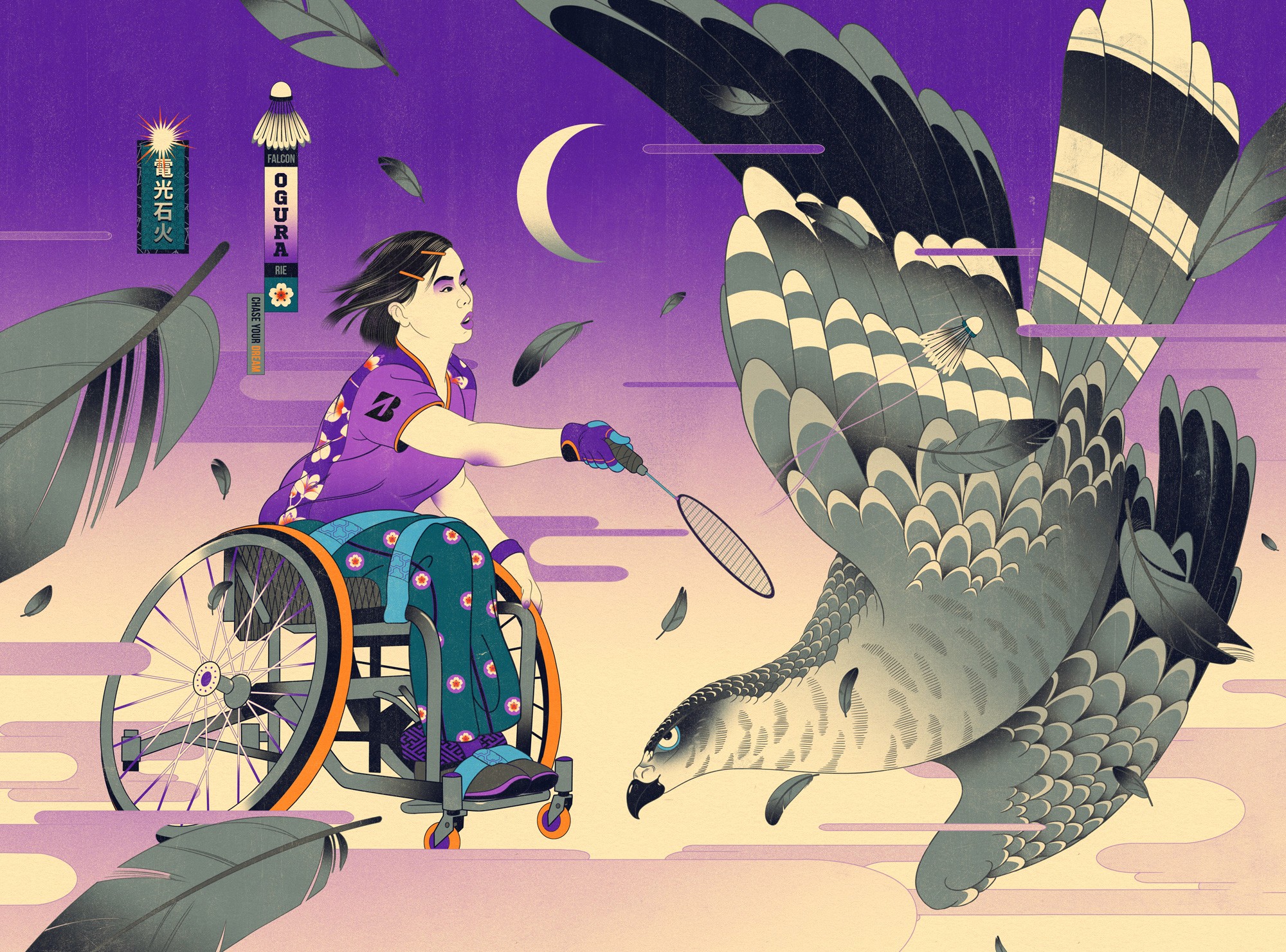 Illustration for Bridgestone Chase Your Dream showing para-badminton athlete Kohei Kobayashi in a wheelchair beside a sweeping hawk.