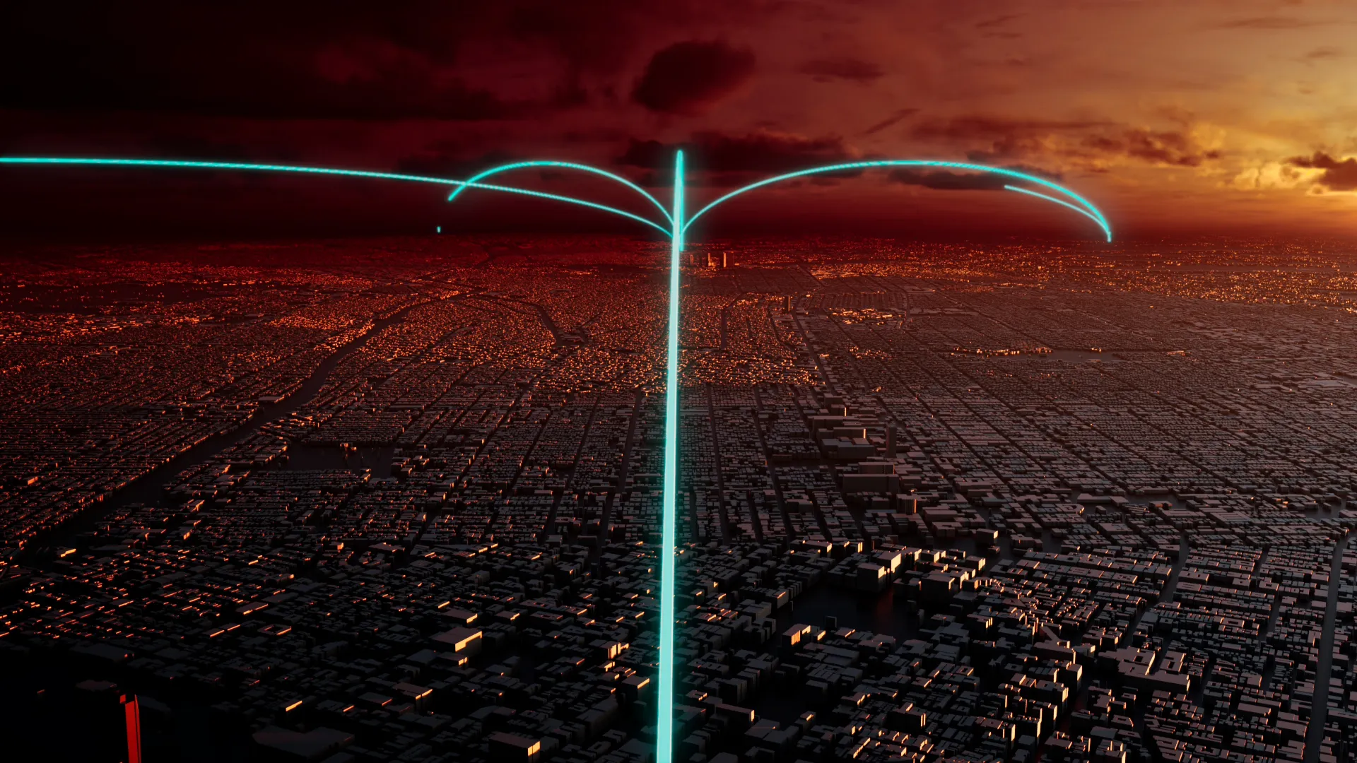 Glowing flight paths branching outward above a dense city at sunset
