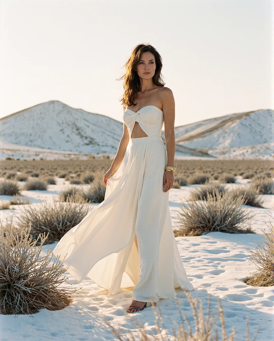 Elegant white gown with cutout detail flowing in a winter desert landscape with snow-dusted ground and white mountains in background