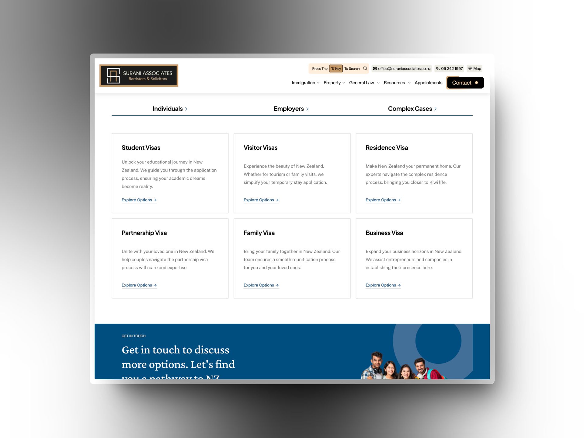 NZ visa options overview page displaying student, visitor, residence, partnership, family and business visa pathways at Surani Associates