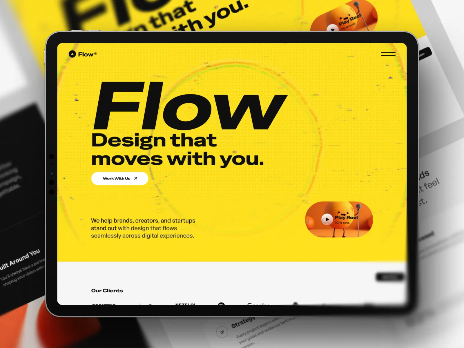 Modern creative studio Framer website template displayed on a tablet with a vibrant yellow hero section and bold typography.