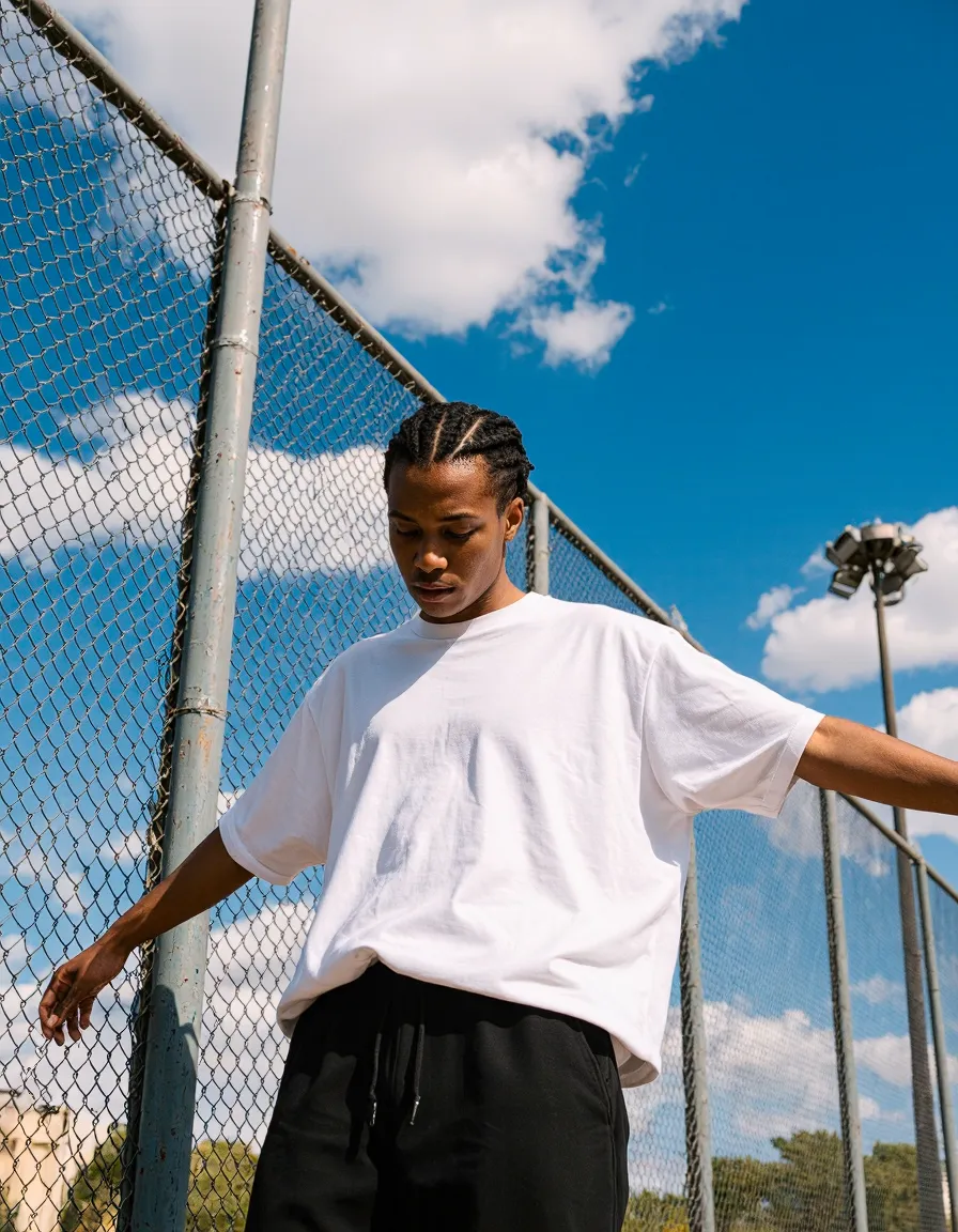 Person in oversized white t-shirt posing by chain-link fence under blue sky in urban fashion photography style