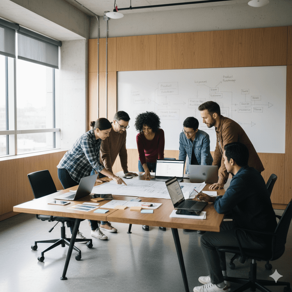 A diverse team collaborating around a whiteboard labeled "Adoption Action Roadmap" with flowcharts, process diagrams, and sticky notes. A person in a blue shirt is pointing to a section of the board while others are engaged in the discussion. The modern meeting space features large windows with natural light.