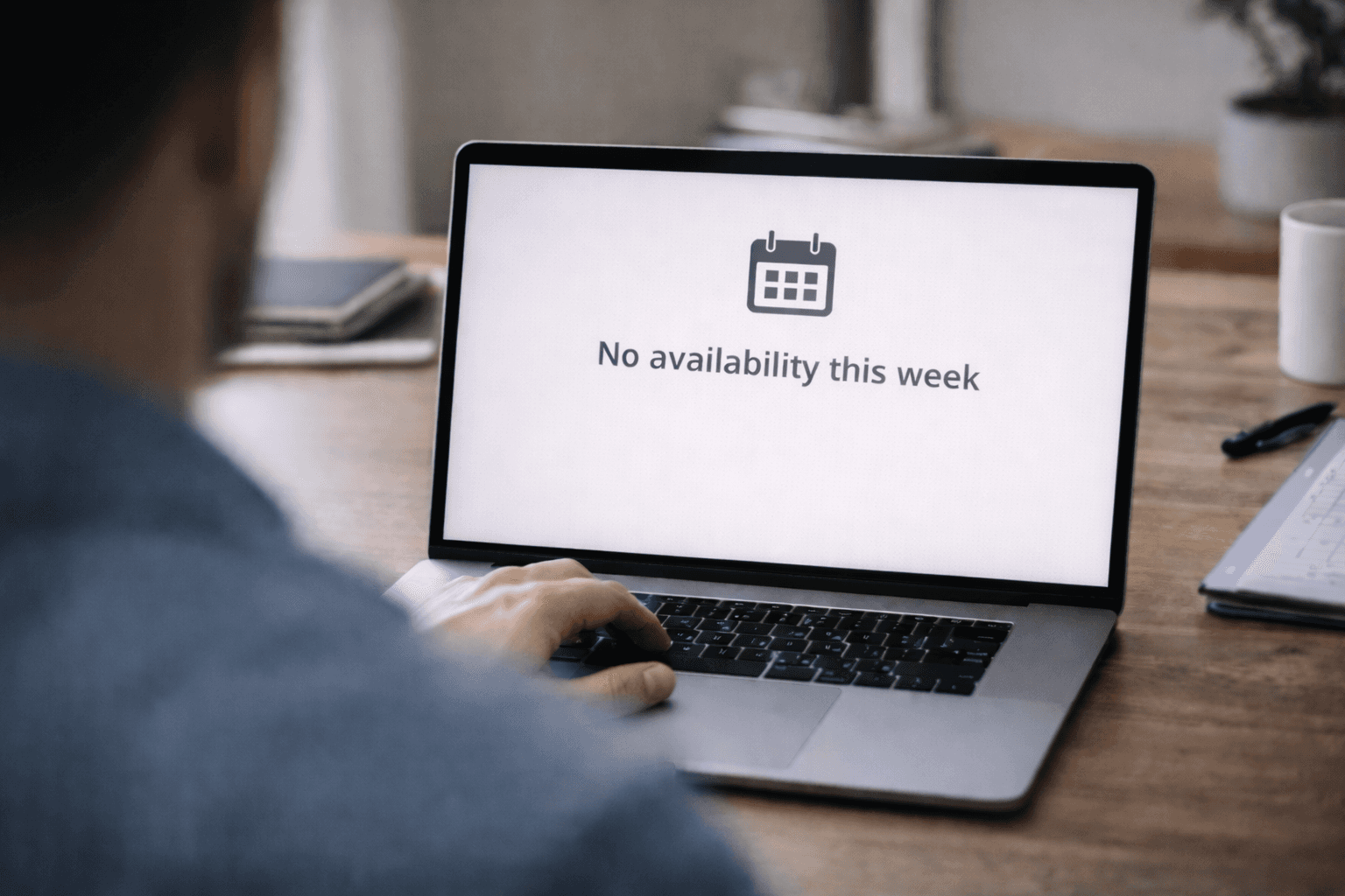 Laptop screen displaying the message “No availability this week” with a calendar icon.