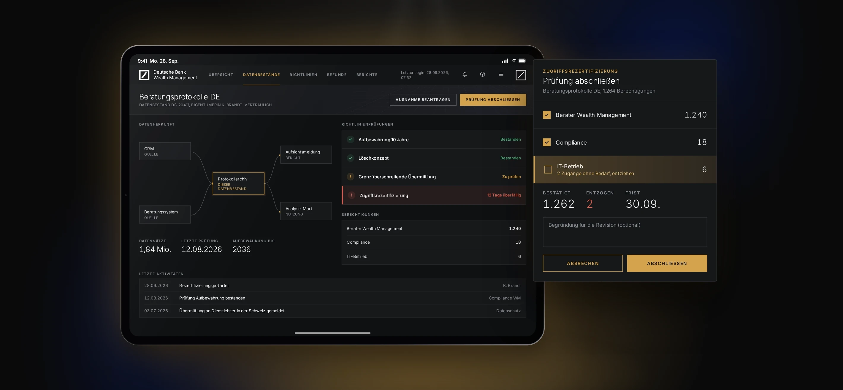 Illustrative interface: dataset detail with lineage and policy checks, and the access recertification panel