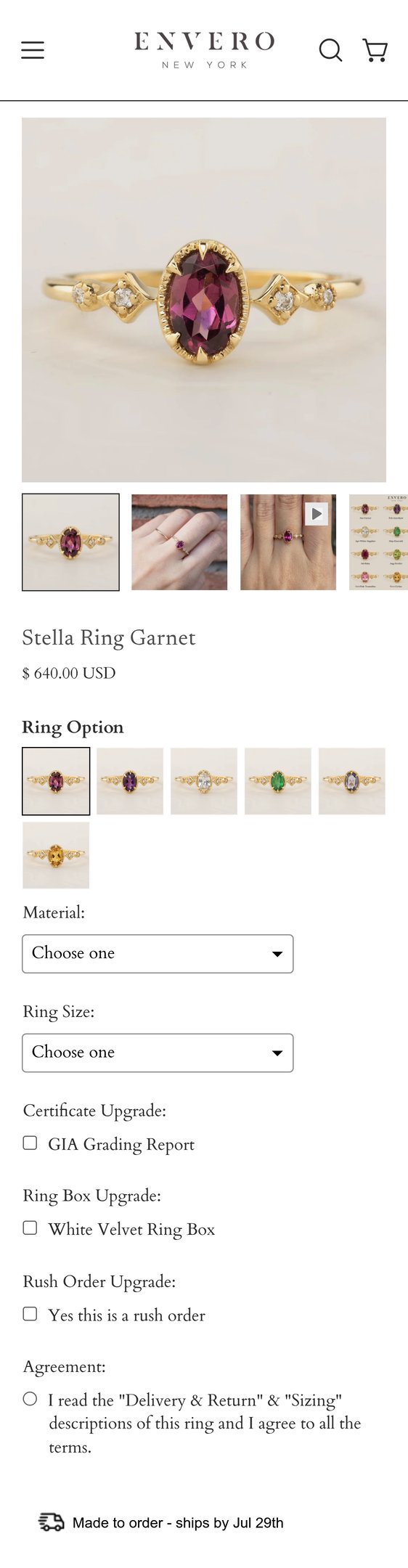 Jewelry product options include: ring for Stella Ring Garnet from Envero.