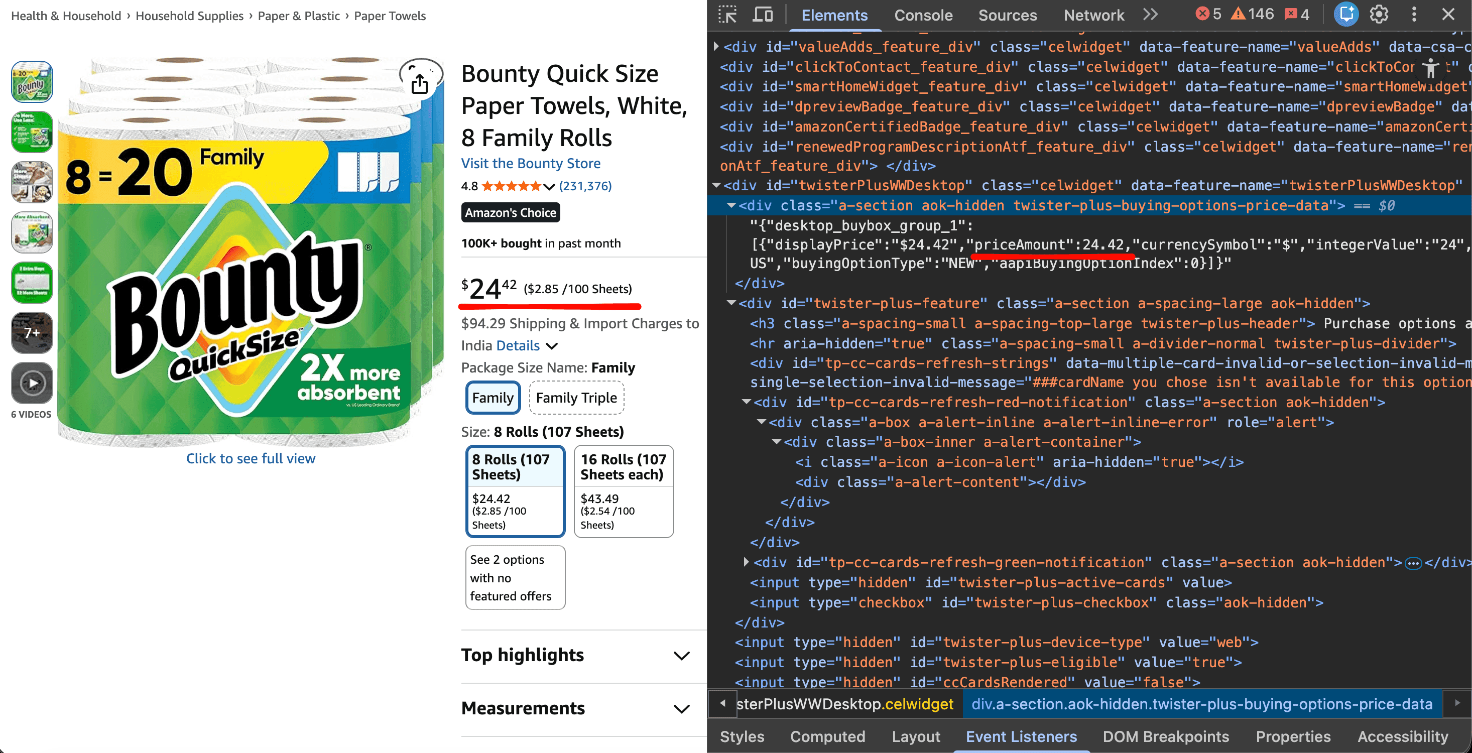 The $24.42 price visible on the product page (left) is the same priceAmount value Amazon embeds in a hidden JSON div (right).