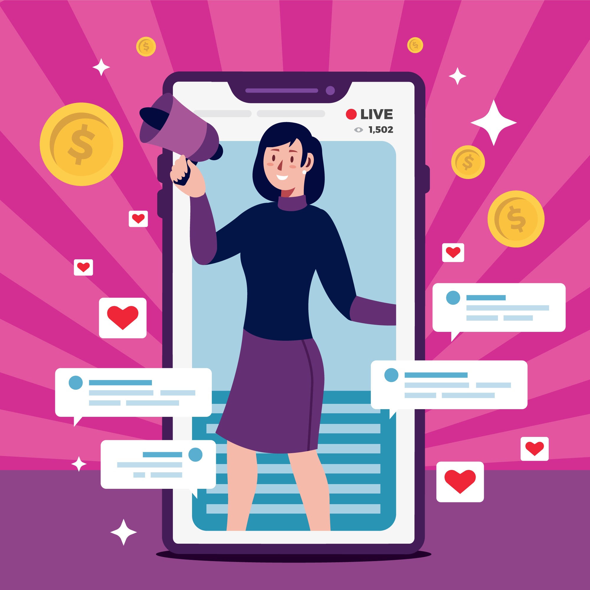 Illustration of female influencer live streaming on mobile with likes and comments, creator marketing