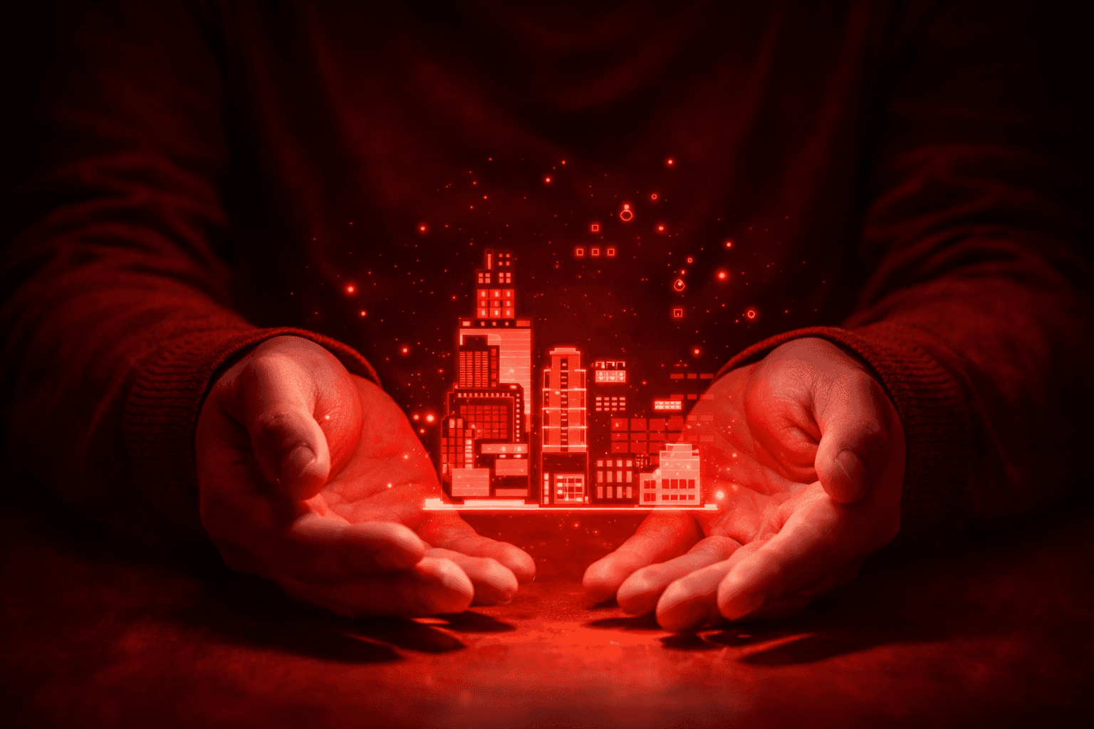 Hands holding a digital city representing scalable growth through PPC services in the UK with data-driven marketing and business expansion by Guideway Media