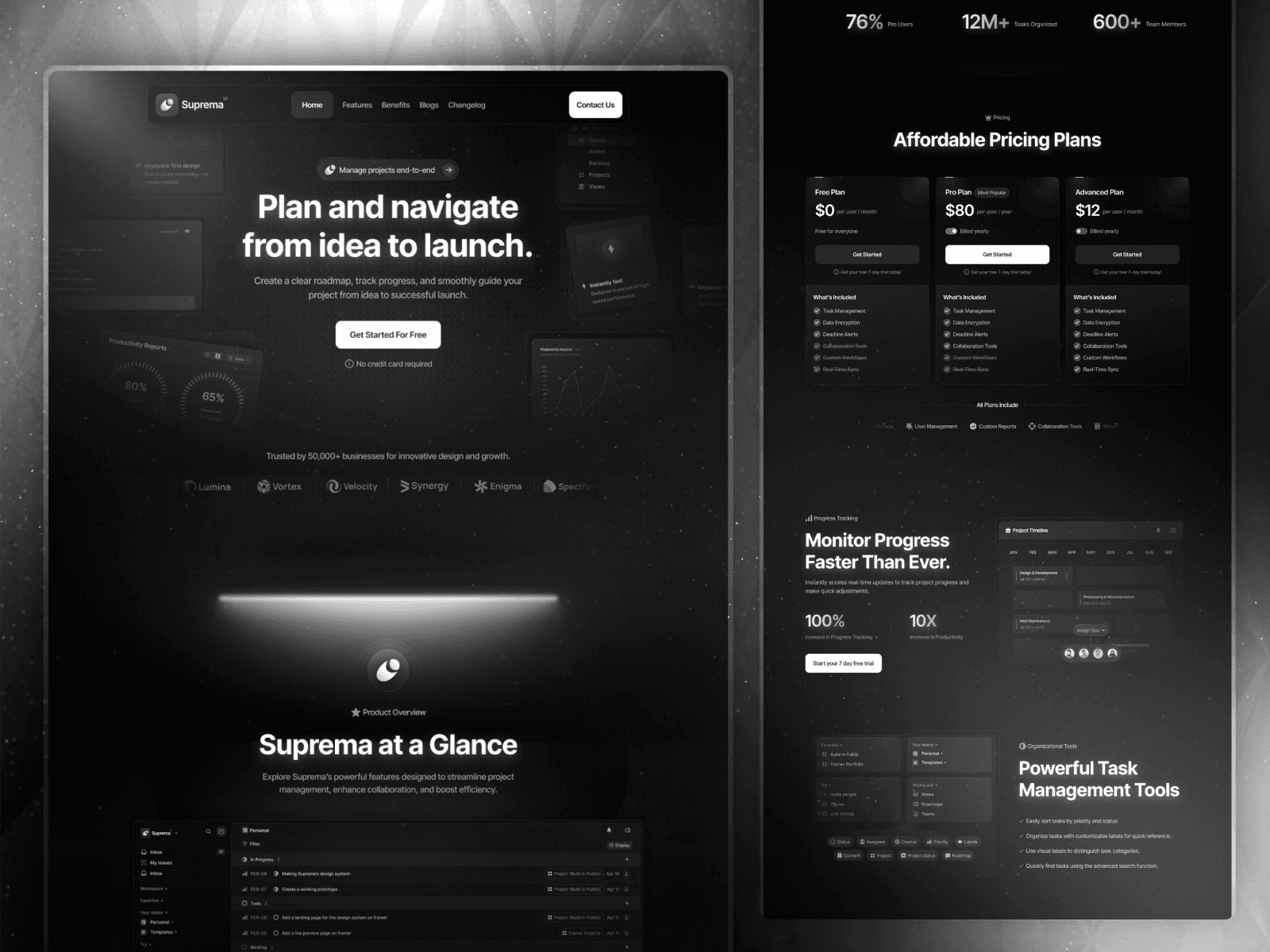 Dark SaaS landing page mockup with features, pricing, and dashboard previews.