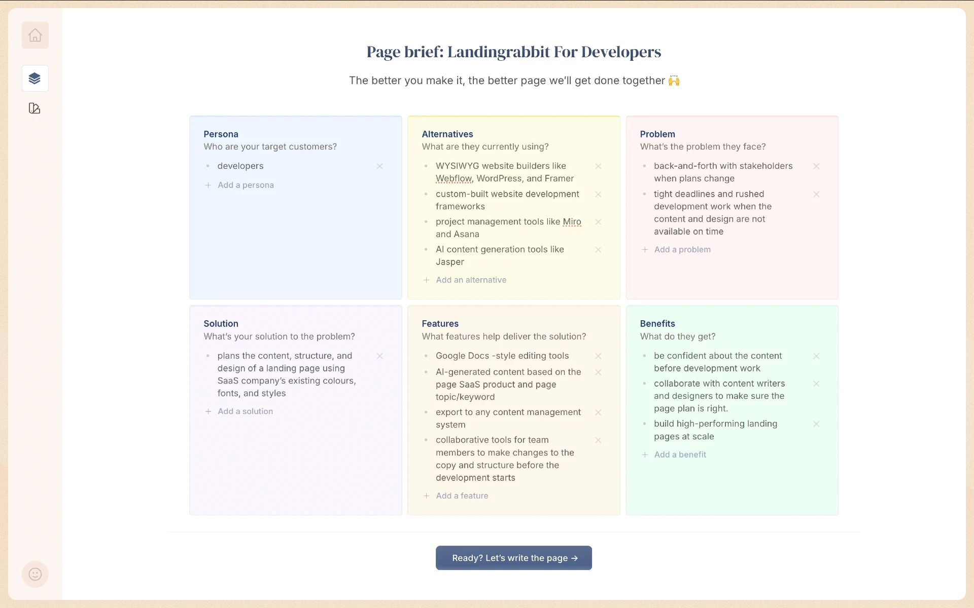 SaaS landing page planning notes