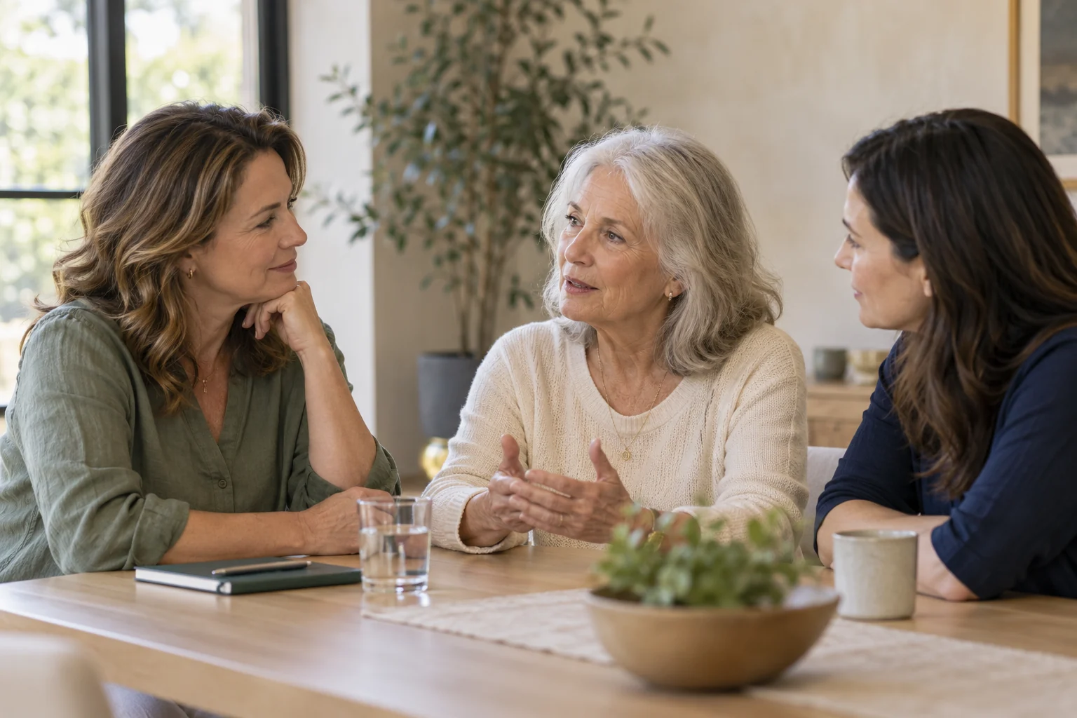 Illustrative scene of a healthcare advocate listening to an older woman and her daughter