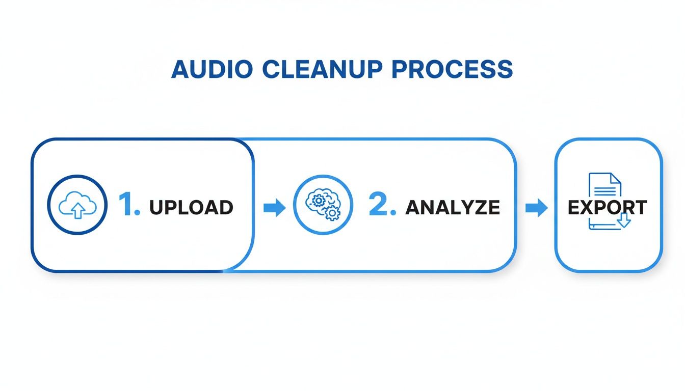 A three-step audio cleanup process flowchart: Upload, Analyze, and Export your audio files.