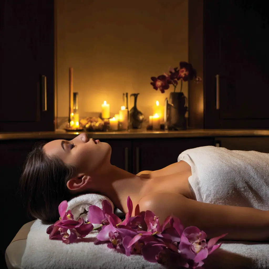 Woman lying on her back in a spa wearing towel bradenton