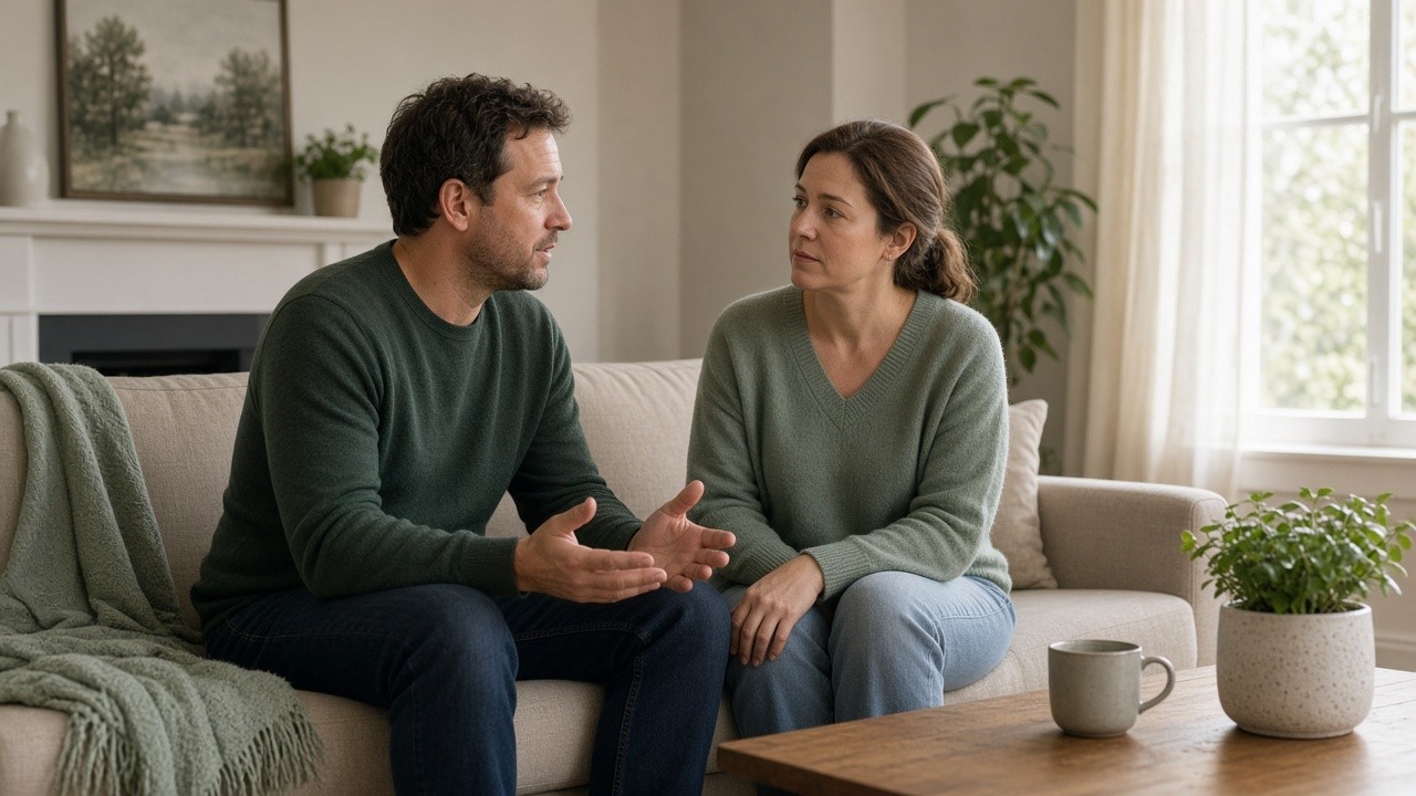 The image depicts a middle-aged man and woman sitting on a beige couch in a warmly lit living room, engaged in a serious and attentive conversation. The man is gesturing with his hands while the woman listens intently, suggesting a meaningful or important discussion. The room features neutral tones, a green throw blanket on the couch, potted plants, a wooden coffee table with a mug and plant, and a large window allowing natural light into the space. This setting may be used to illustrate themes of communication, family dynamics, counseling, or relationship discussions.