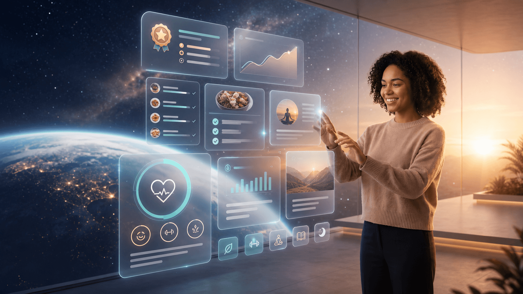 A warm future with a person using helpful wellness Web Apps above Earth