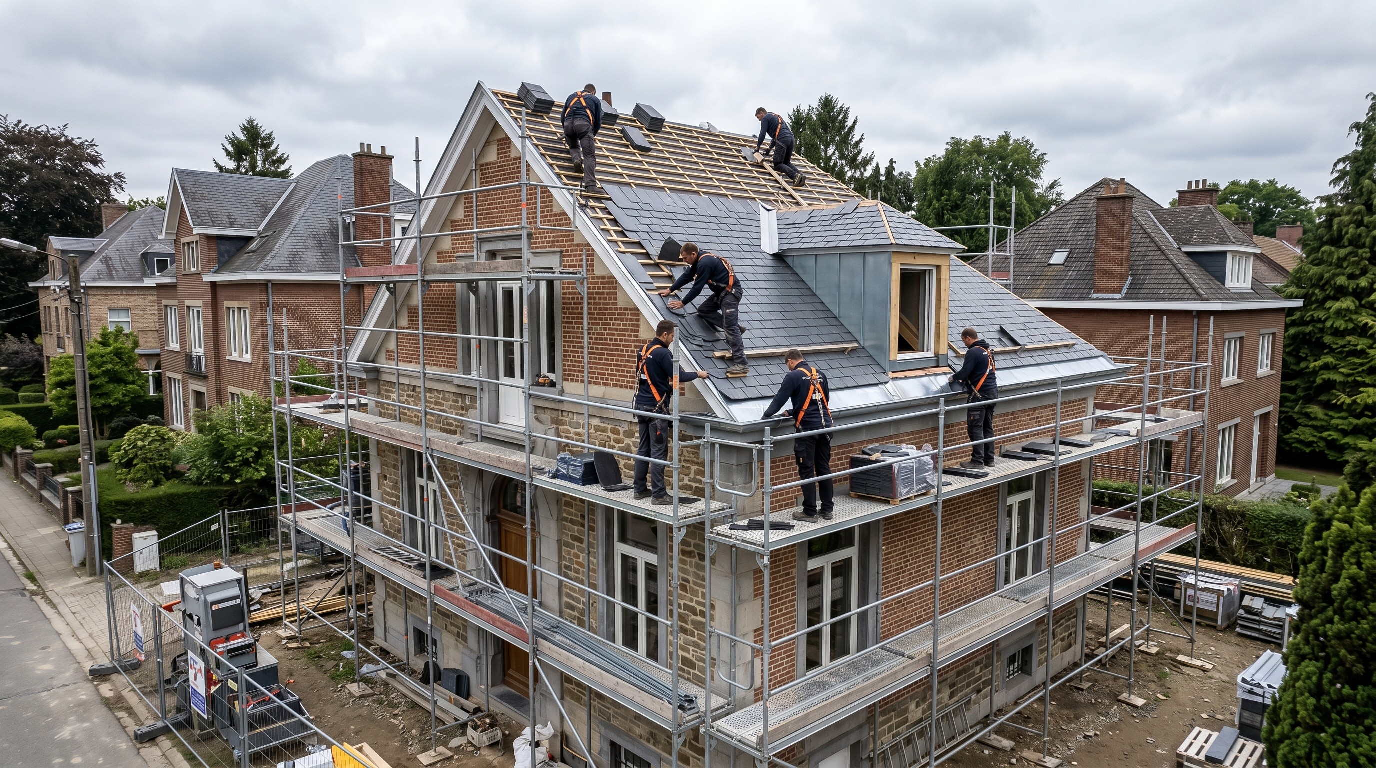 ouvriers chantier rénovation toiture Tervuren couverture ardoise zinguerie Belgique