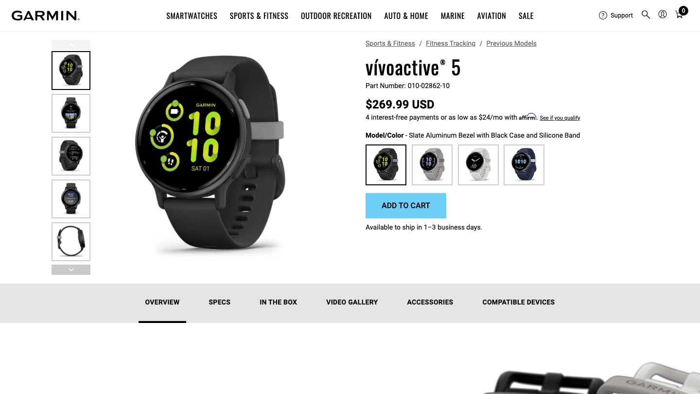 Garmin Vivoactive 5 product page showing $269.99 price