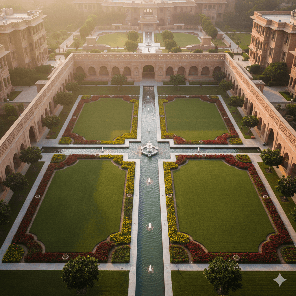 Geometric Mughal-style central garden and lush landscaping at M3M luxury residences in Jaipur