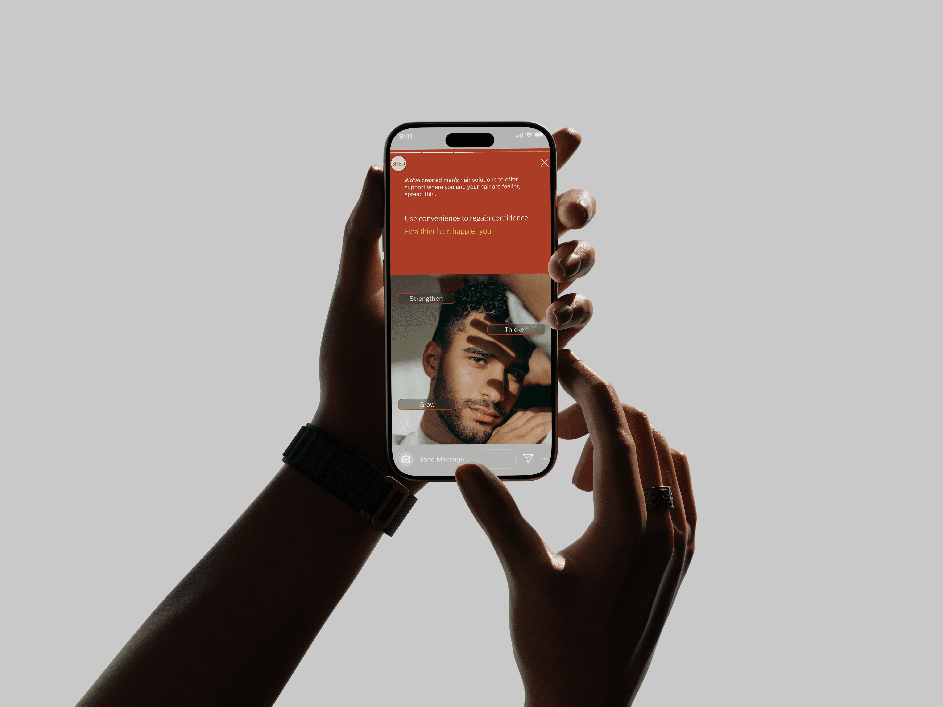 A person holds a smartphone displaying a social media post about hair care