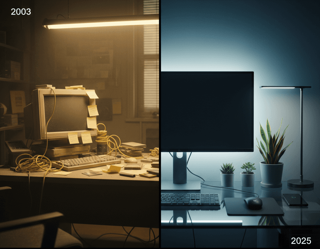 Comparaison visuelle entre bureau informatique obsolète de 2003 avec ordinateur CRT poussiéreux et bureau moderne 2025 avec technologie récente, illustrant les risques des systèmes informatiques non mis à jour pour les PME