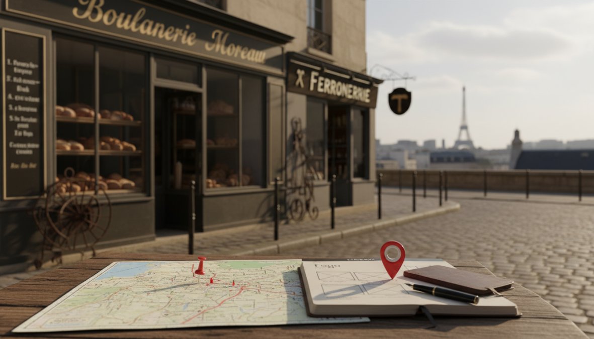Artisan menuisier assis à son bureau en bois dans un atelier lumineux, regardant son site web professionnel sur un ordinateur portable, ses outils et pièces de bois visibles en arrière-plan, lumière naturelle venant d'une grande fenêtre