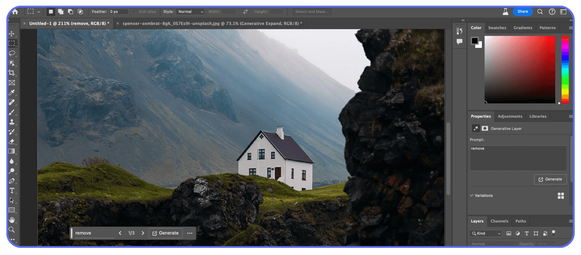 Photoshop Generative Fill interface showing a landscape image of a white house between dark rocks, with the Remove prompt active.