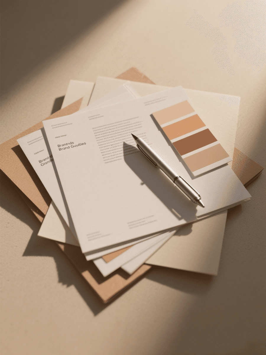 Brand guidelines with color swatches and pen
