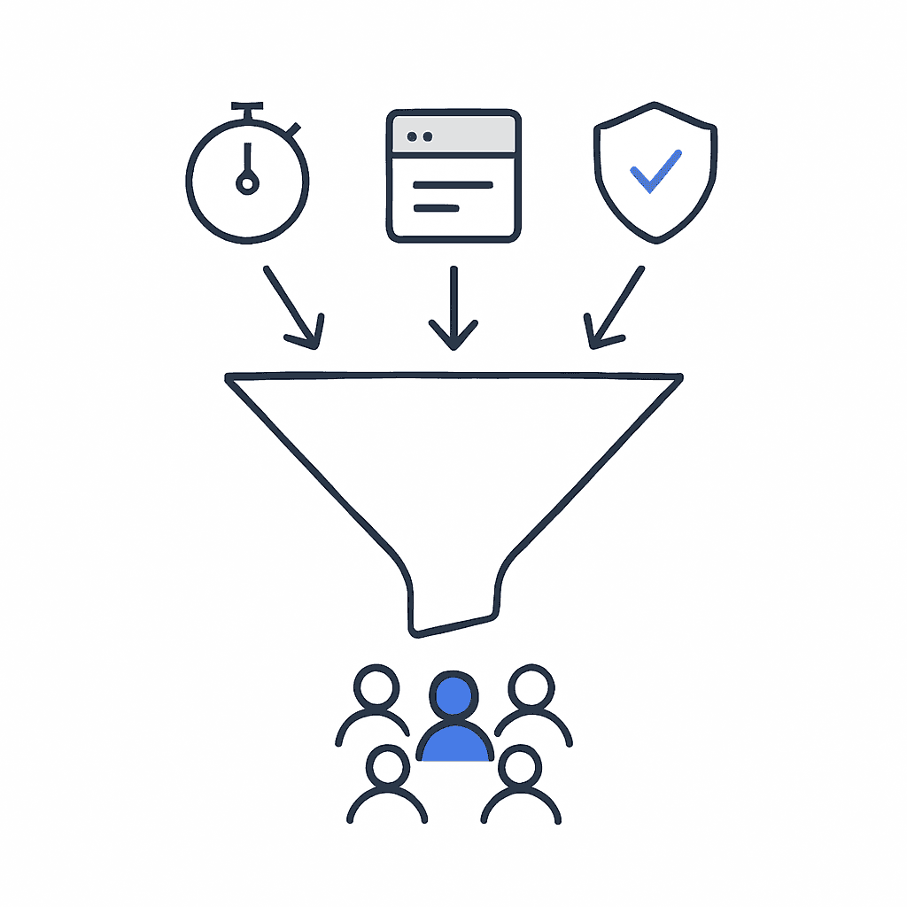 Funnel diagram where speed, form, and trust icons channel visitors into a surge of qualified leads