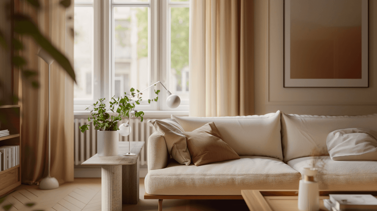 A cozy living room with beige walls, a Scandinavian-style sofa, a wooden coffee table, and minimalistic decor, featuring natural light from large windows.