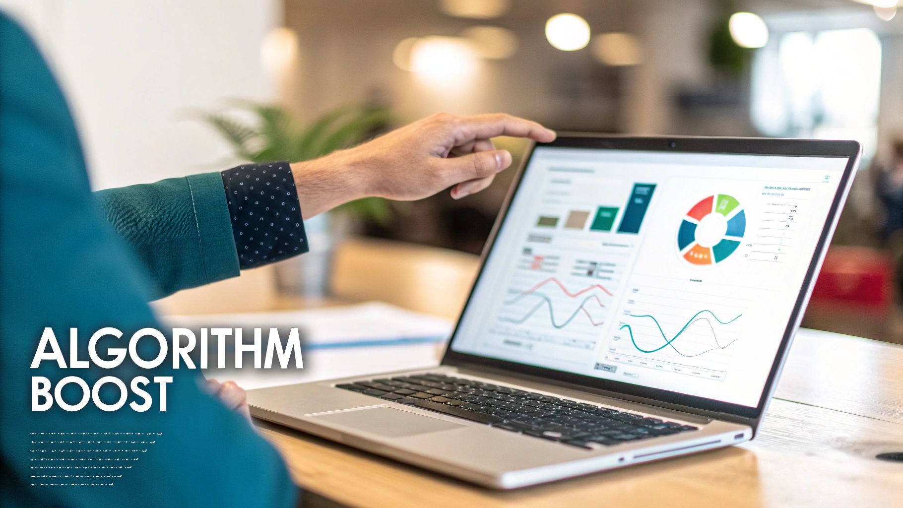 A business professional points at a laptop screen displaying data analytics with various charts and graphs.