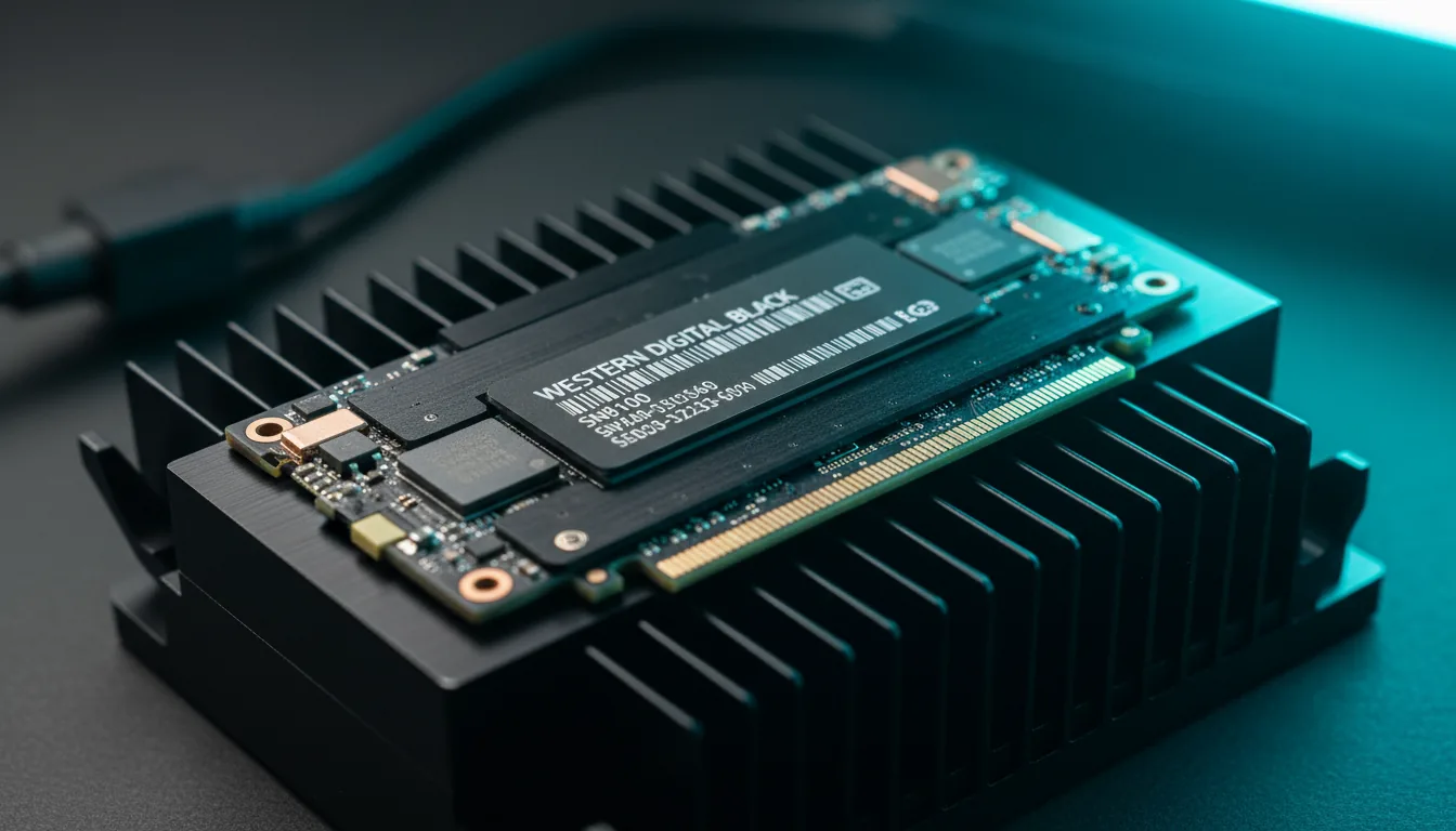 Macro DSLR photograph of a Western Digital Black SN8100 NVMe SSD resting diagonally on a dark gray, textured heatsink with angled fins. Soft studio lighting with a strong, cool cyan accent light from the top right corner, creating cinematic contrast and highlights. Sharp focus on the detailed circuit board, memory chips, and the black label with placeholder technical text and barcodes, showcasing the matte and metallic textures of the hardware.