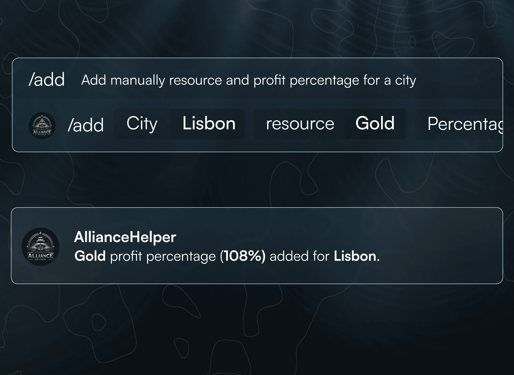 Add command, add manualy resource and profit percentage for a city