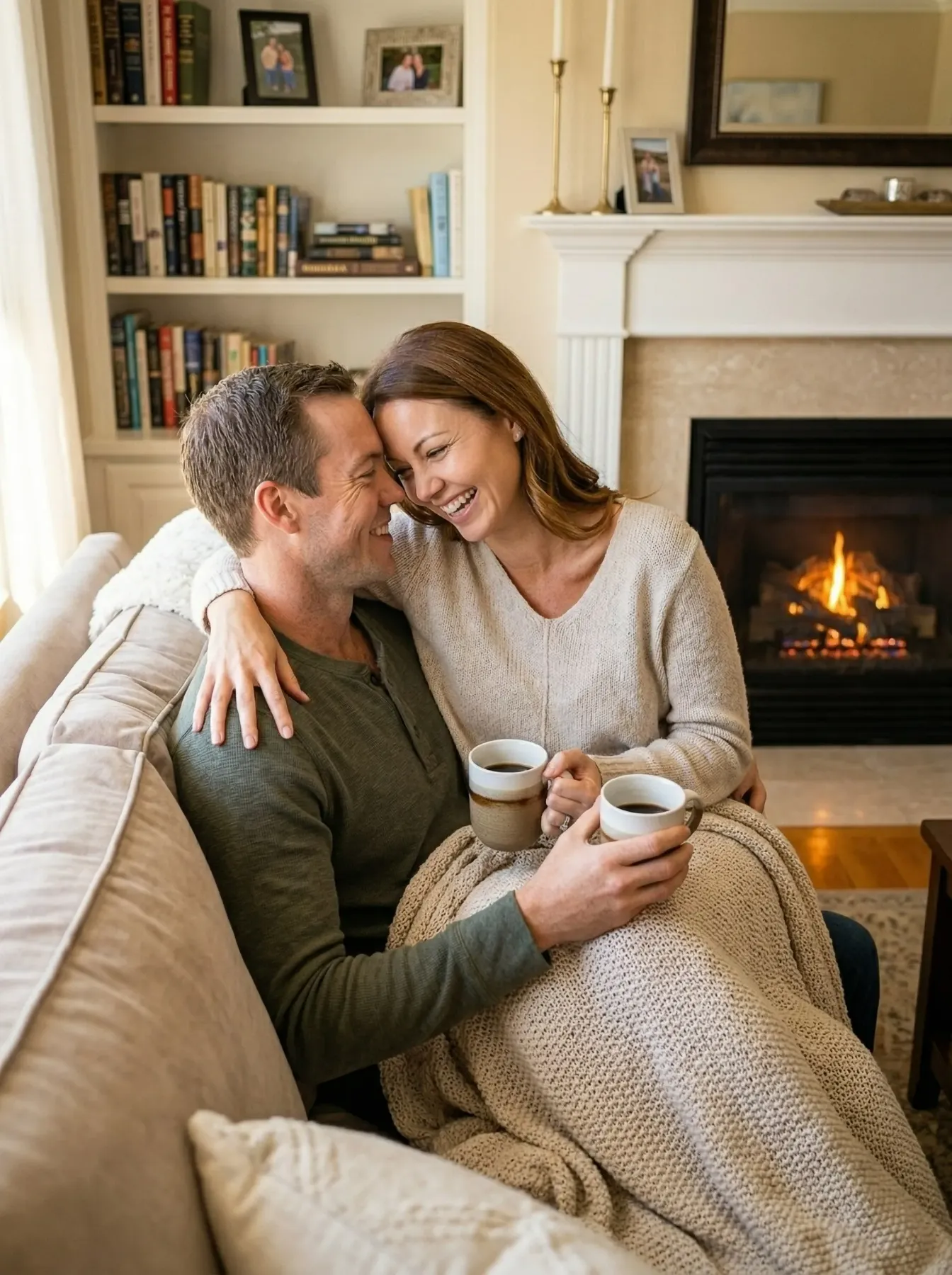 Couple cuddling under a blanket in front of a fireplace, holding coffee mugs.