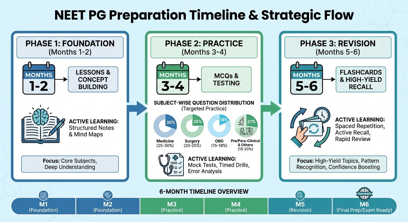 NEET PG preparation strategy flowchart showing timeline and subject priorities