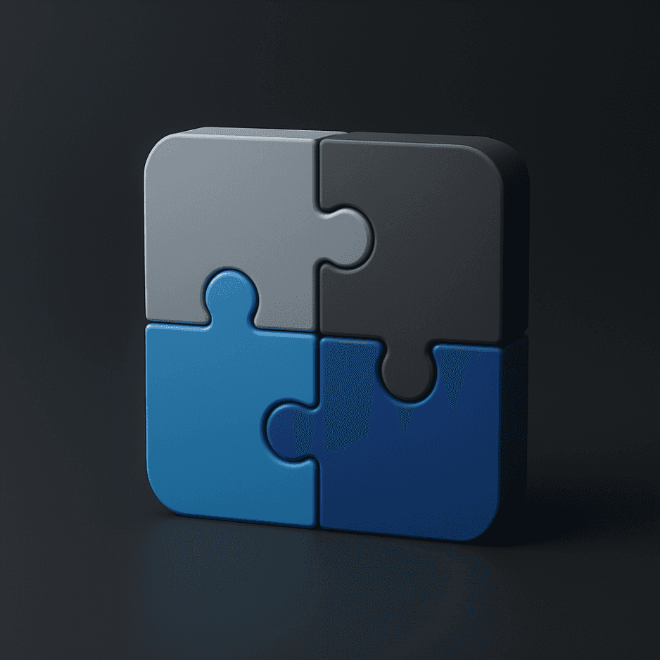 Illustration ineinandergreifender Puzzleteile in Schwarz und Blau – Symbol für passgenaue Softwarelösungen.