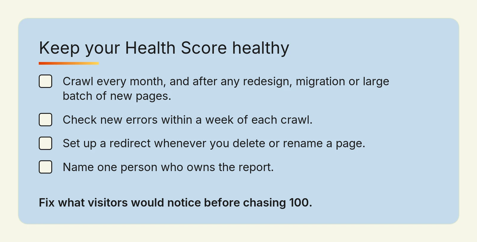 Monthly checklist to keep an Ahrefs Health Score healthy after the first 30 days