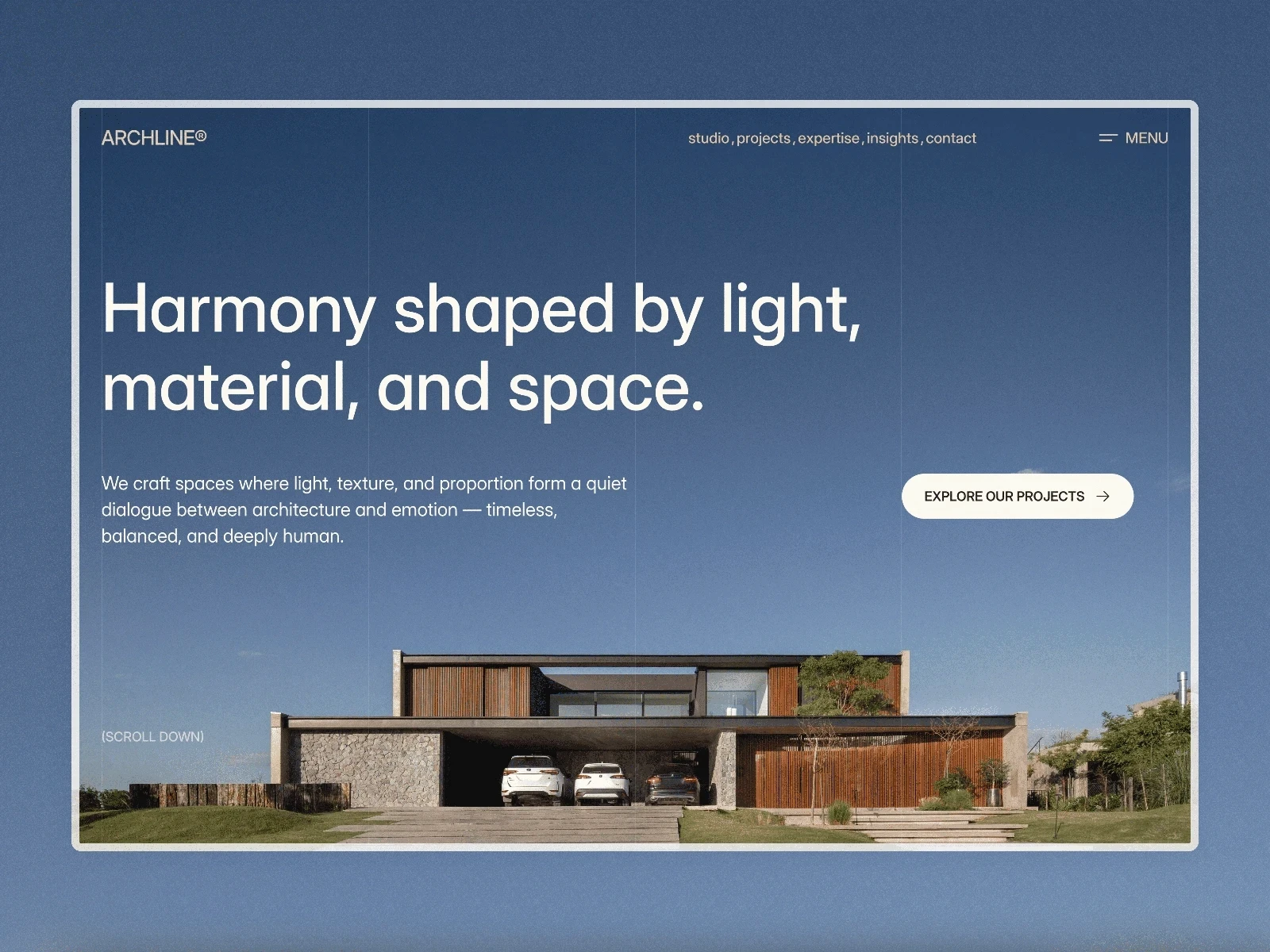Archline architecture website design featuring a modern home with wood and stone details.