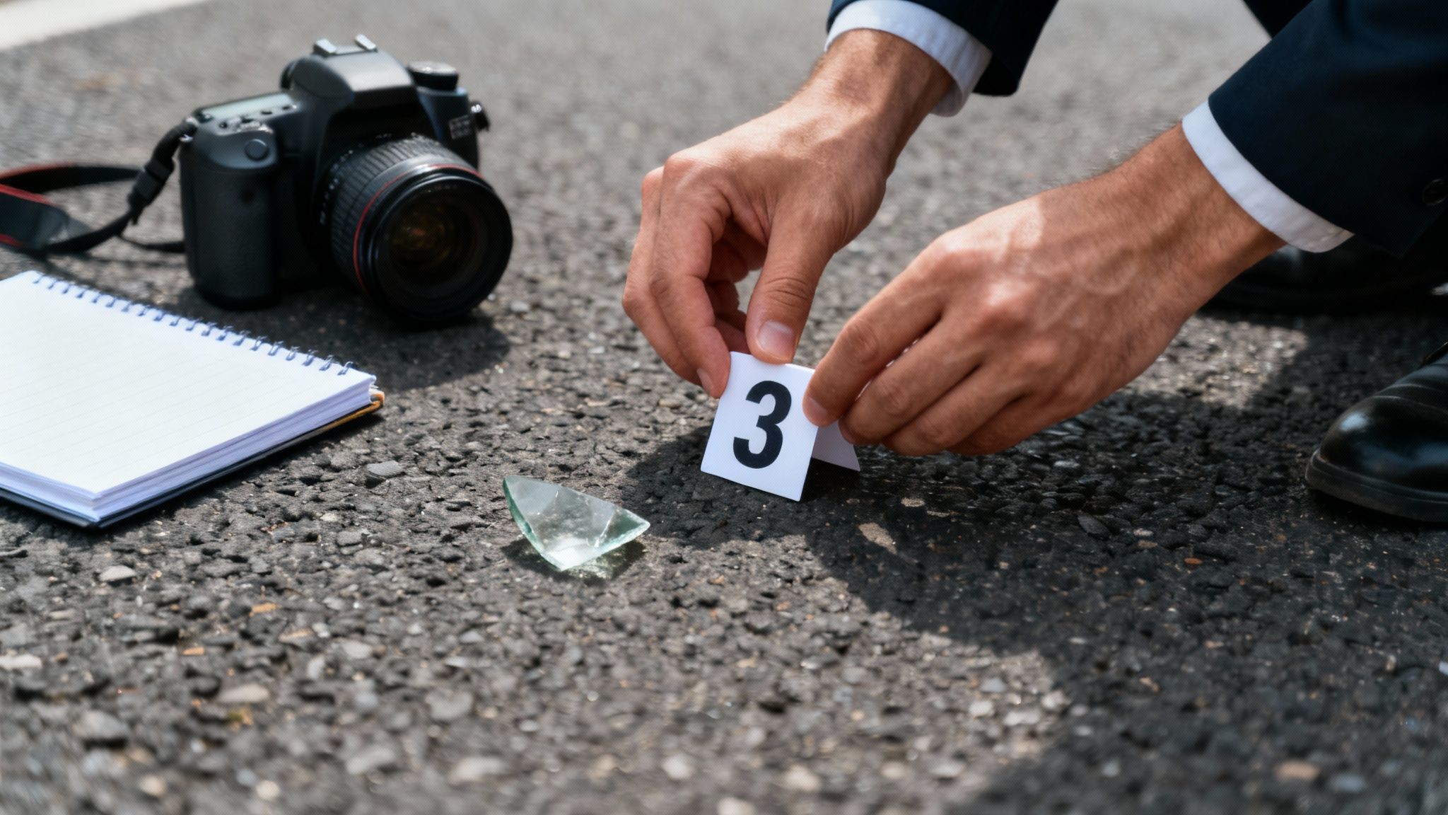 A detective's desk with scattered evidence, including photos, documents, and a magnifying glass, suggesting a complex investigation.